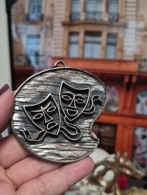 Antique SILVEL comedy Tragedy Silver Tone Large Pendant